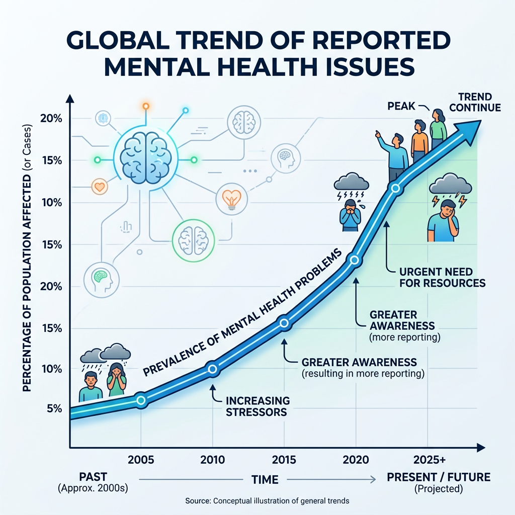 Rising global mental health issues trend Line graph showing rising prevalence of mental health problems from 2000 to projected future, with key factors noted